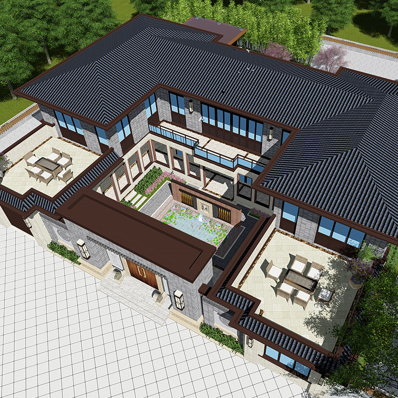 新中式四合院二层别墅设计图纸新农村自建房古典北京四合院效果图